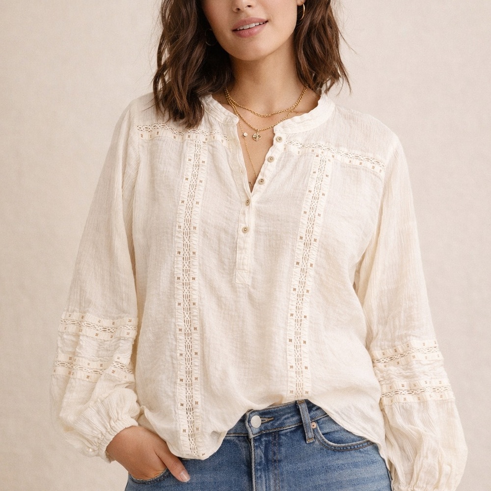 Free People Cream Blouse with Lace Details